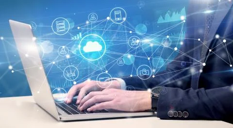 Hand typing with cloud technology system concept Stock Photos