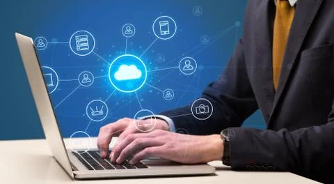 Hand typing with cloud technology system concept Stock Photos