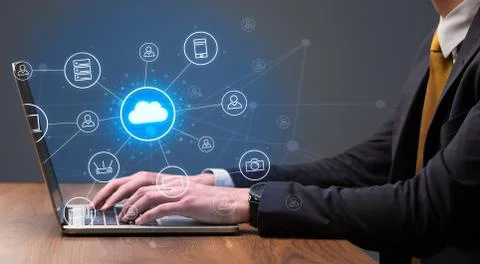 Hand typing with cloud technology system concept Stock Photos