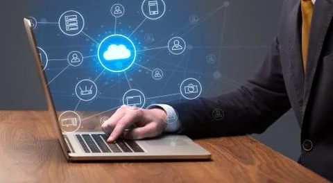Hand typing with cloud technology system concept Stock Photos