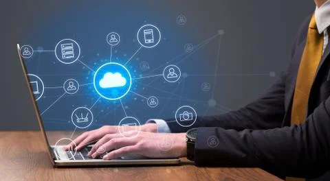 Hand typing with cloud technology system concept Stock Photos