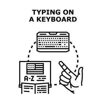 Hand typing on a computer keyboard with language study document Illustrazione stock