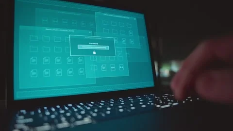 Hand typing incorrect password code on computer laptop server in office at night 스톡 동영상 330530615