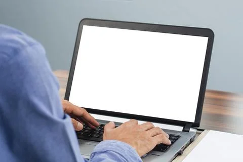 Hand typing keyboard computer screen mockup in office Foto stock