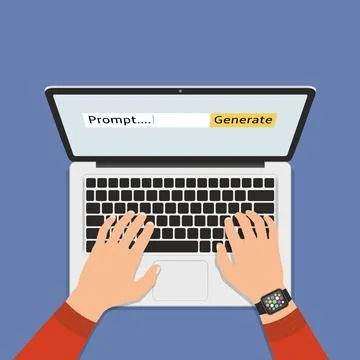 Hand typing on keyboard, generating AI prompt. Generative AI prompt technolog Illustrazione stock