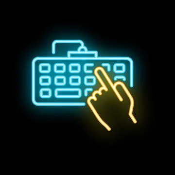 Hand typing on keyboard with smartphone on top neon style icon Stock Illustration