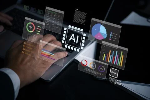 Hand typing on laptop big data artificial intelligence management. machine .. Stock Photos