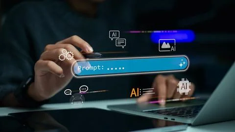 Hand typing prompt command on digital laptop for AI generate content. Conce.. Foto stock