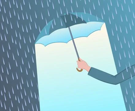 Hand with umbrella under rain dry space beneath. Stock Illustration