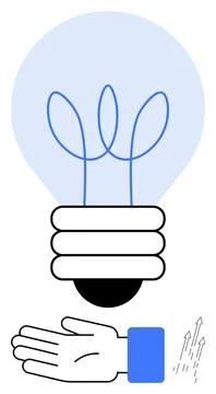 Hand under glowing light bulb with sketch elements, implying idea and innov.. Stockillustratie