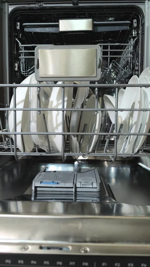 Hand unloading clean dishes from open dishwasher rack in modern kitchen. Pe.. Stock Footage 344892027