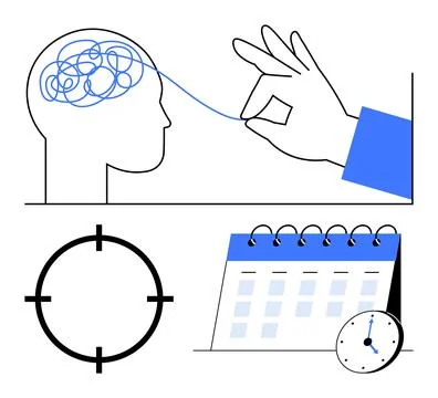 Hand untangling brain represents mental clarity, target signifies focus, cale Stock Illustration