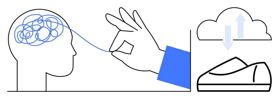 Hand untangling brains complexity, illustrating mental clarity. Accompanied b 스톡 일러스트