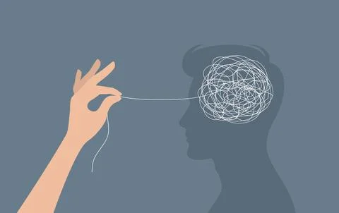 Hand untangling a tangle of thoughts in a man's head. Vector illustration Stock Illustration