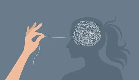 Hand untangling a tangle of thoughts in a woman's head.  Vector illustration Stock Illustration