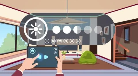 Hand Use Digital Tablet With Smart Home App Automation Over Living Room Interior Stockillustratie