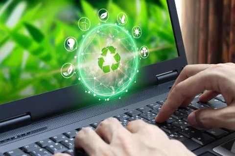 Hand use laptop computer with environment Icons over the Network connection Stock Photos
