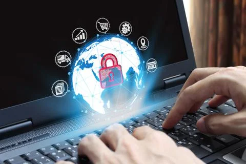 Hand use laptop computer with padlock icon Foto stock