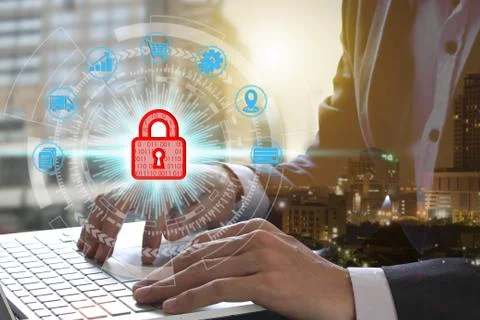 Hand use laptop computer with padlock icon Stock Photos