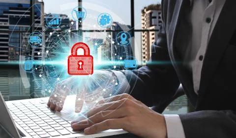 Hand use laptop computer with padlock icon Stock Photos