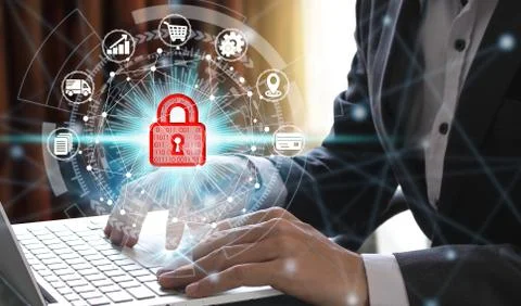 Hand use laptop computer with padlock icon Foto stock