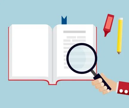 Hand use magnifier for reading open book vector illustration Stock Illustration