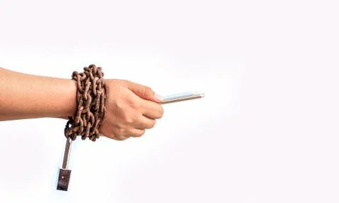 Hand use mobile with chain Stock Photos
