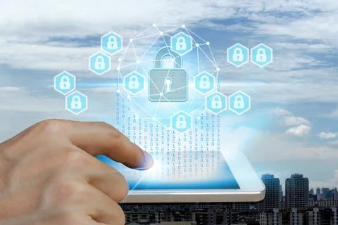 Hand use smartphone with interface of padlock technology Stock Photos