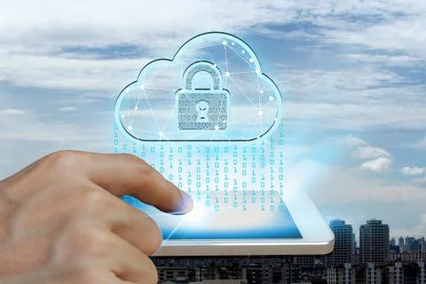 Hand use smartphone with interface of padlock technology 스톡 사진