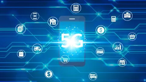 Hand use smartphone network using 5G technology with virtual screen icons, Te Stock Photos