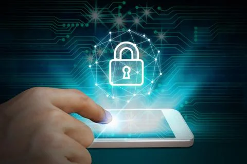 Hand use smartphone with padlock Stock Photos