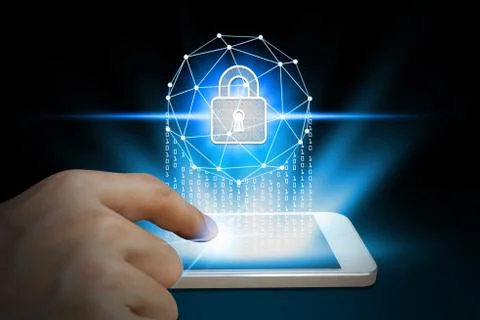 Hand use smartphone with padlock 스톡 사진