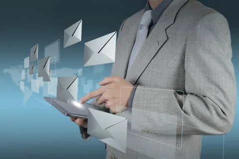 Hand use tablet computer with email icon Illustrazione stock