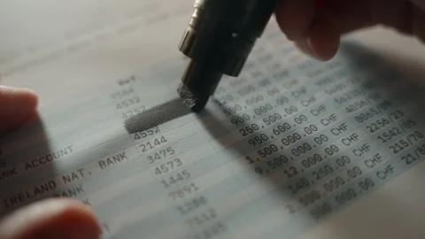 Hand uses black marker to redact parts of official bank account activity report Stock-Footage 242428743