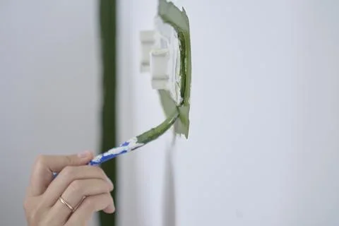 Hand uses small brush to apply green paint around white light switch on int.. Stock Photos