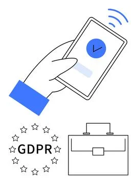 Hand uses smartphone for secure action GDPR badge and briefcase highlight com イラスト素材