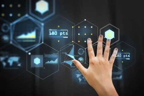 Hand using black interactive panel with charts Stock Photos