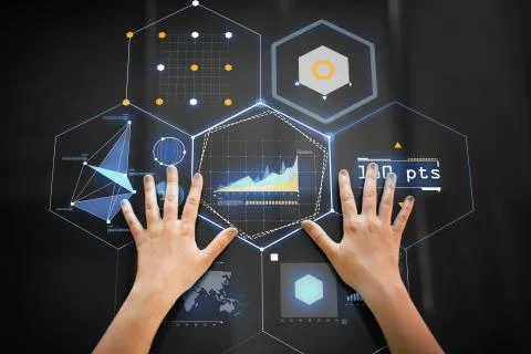 Hand using black interactive panel with charts Stock Photos