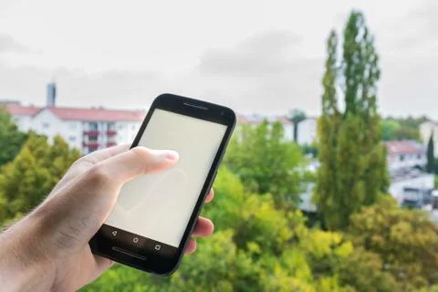 Hand Using Blank White Screen Cell Phone Press Finger Isolated Stock Photos