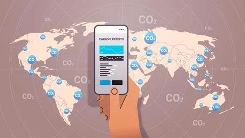 Hand using carbon credits mobile app on smartphone responsibility of co2 스톡 일러스트