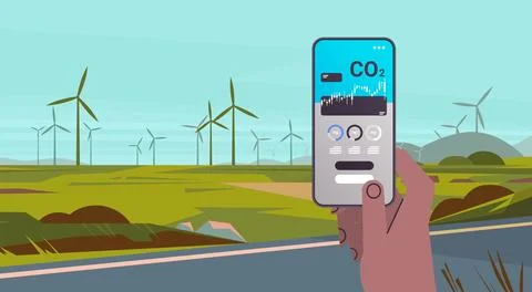Hand using carbon credits mobile app on smartphone screen responsibility of co2 Illustrazione stock