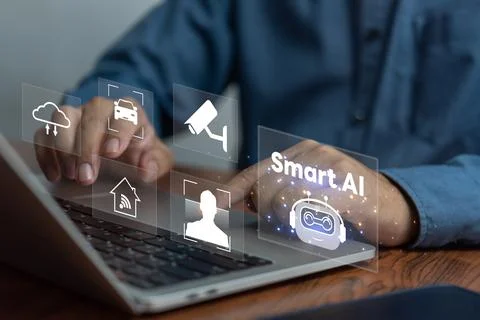 Hand using computer laptop with Artificial Intelligence AI smart maintain s.. Stock Photos