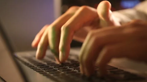 Hand using computer laptop with technology background Stock Footage 196378439