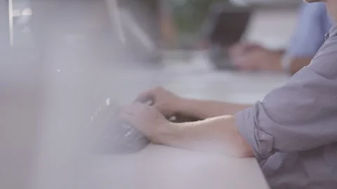 Hand Using Computer Mouse And Keyboard, Bright Office Desk, Close Up Shot Stock Footage 341573960