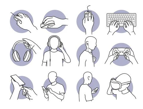 Hand using computer mouse, keyboard, gamepad, game controller, and holding a  Stock Illustration