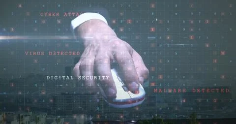 Hand using computer mouse over cybersecurity threat detection image Stock Photos