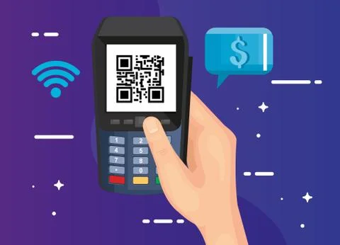 Hand using dataphone with scan code qr and icons Stock Illustration