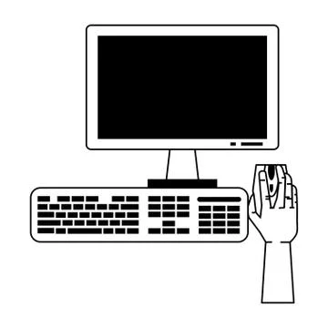 Hand using desk computer with mouse monitor and keyboard in black and white 스톡 일러스트