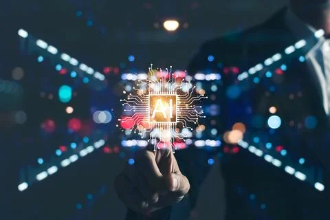 Hand using digital artificial intelligence icon hologram, new technology bi.. Stock Photos