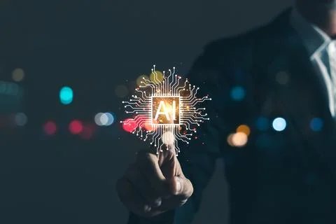 Hand using digital artificial intelligence icon hologram, new technology bi.. Stock Photos